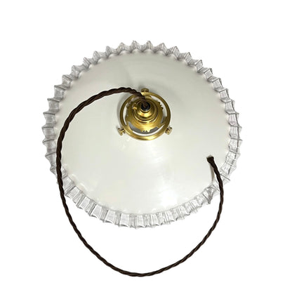 Vintage French Opaline Milk Glass Pendant Pie Crust Lampshade with Brass Collar