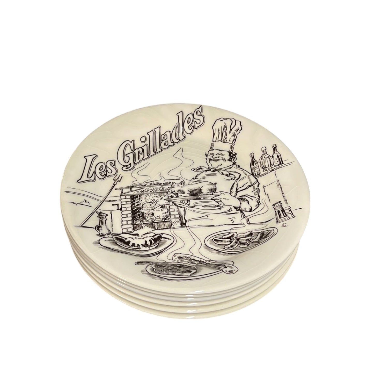 Set of 7 French vintage 'Les Grillades' plates with black line art design on a white background