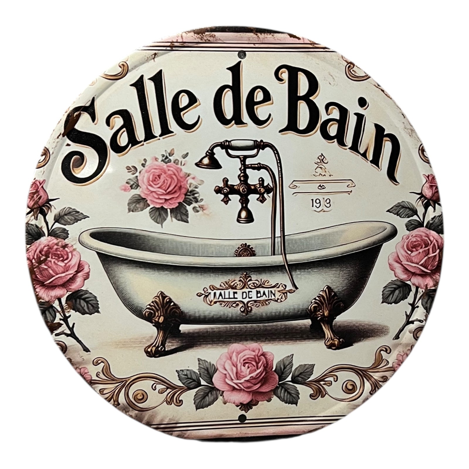 Decorative round sign with 'Salle de Bain' text, vintage bathtub illustration, and roses on a white background.