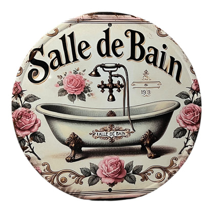 Decorative round sign with 'Salle de Bain' text, vintage bathtub illustration, and roses on a white background.