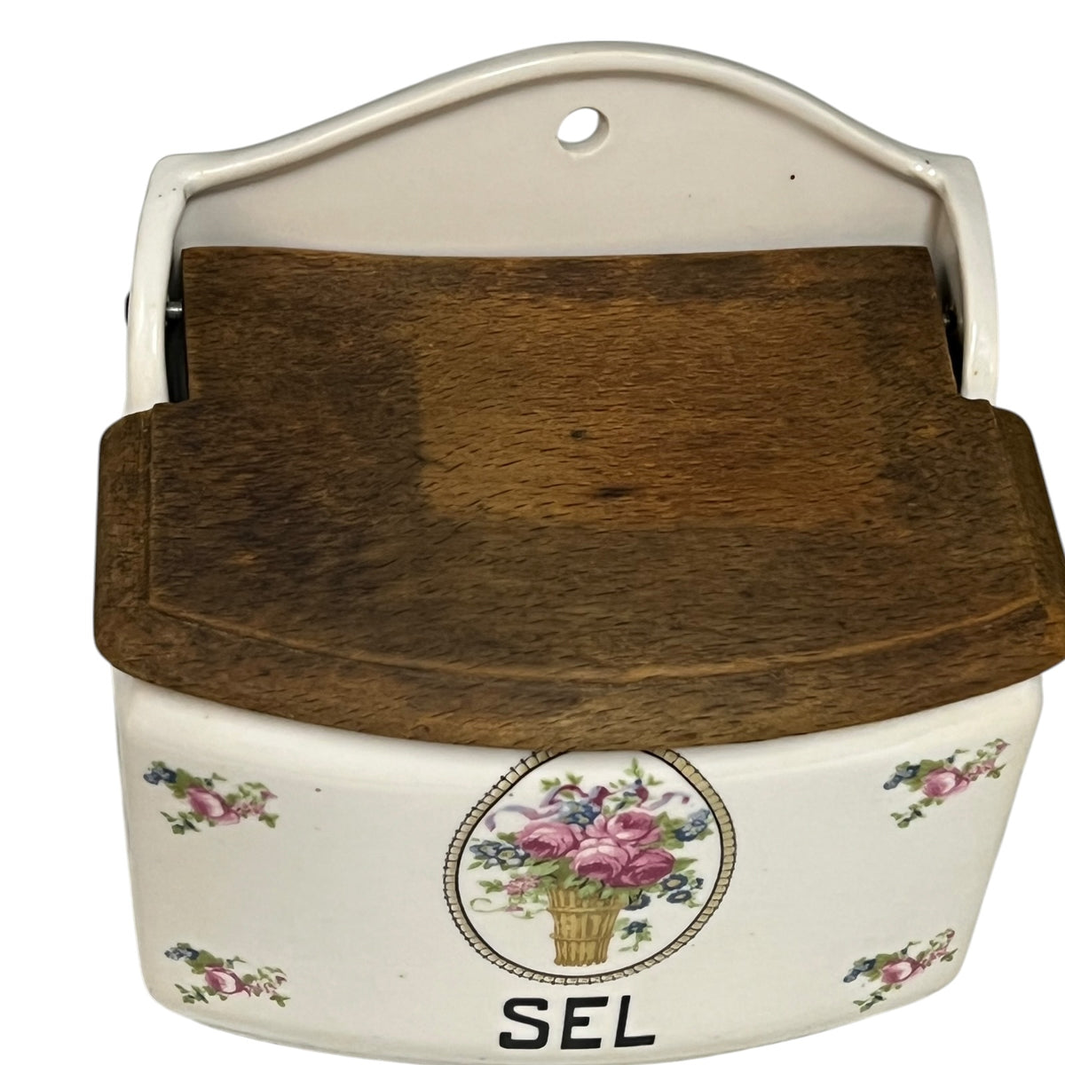 Vintage French Saint-Uze Ceramic Salt Box – Wall-Mounted Sel Crock with Lid