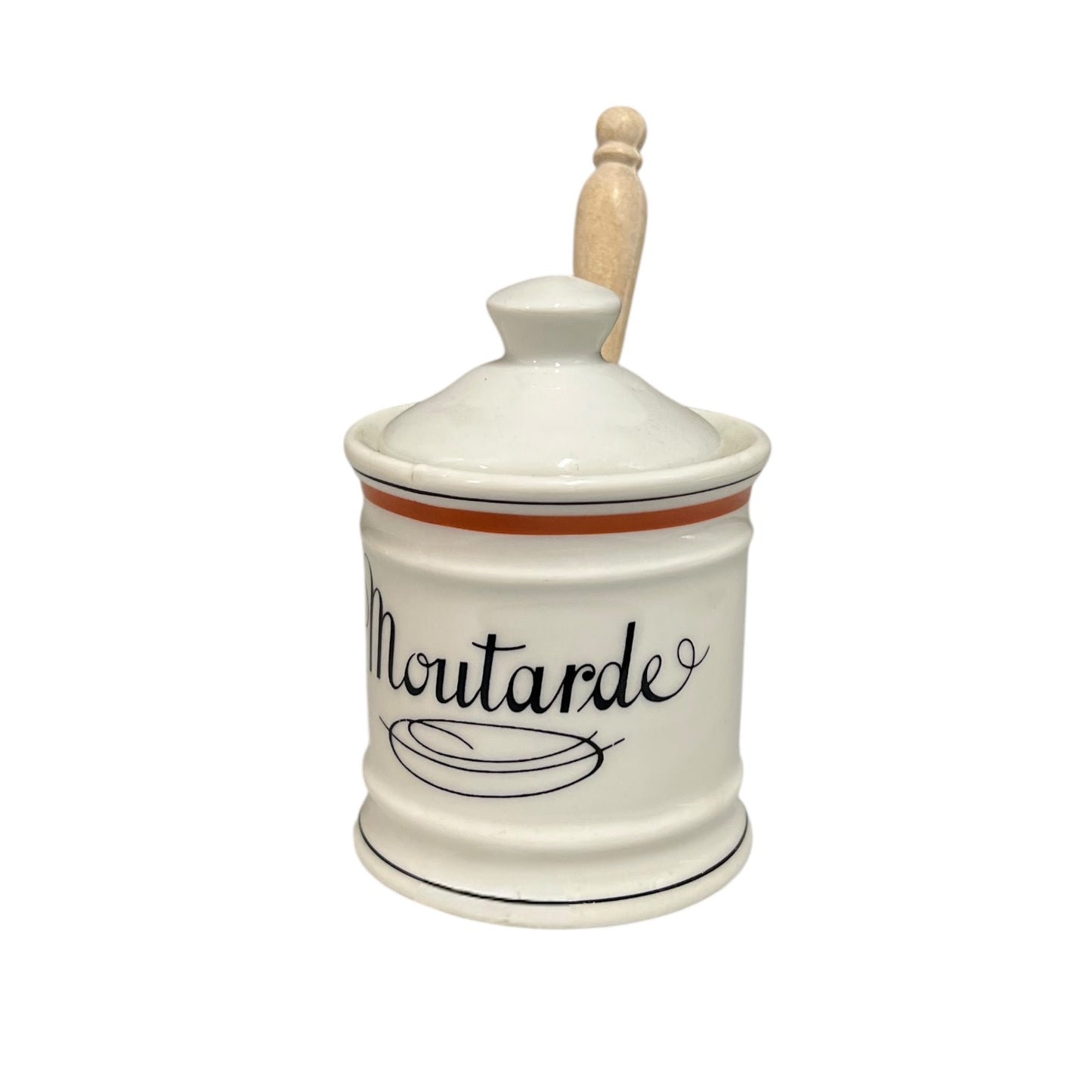 White ceramic mustard jar with wooden lid on a white background