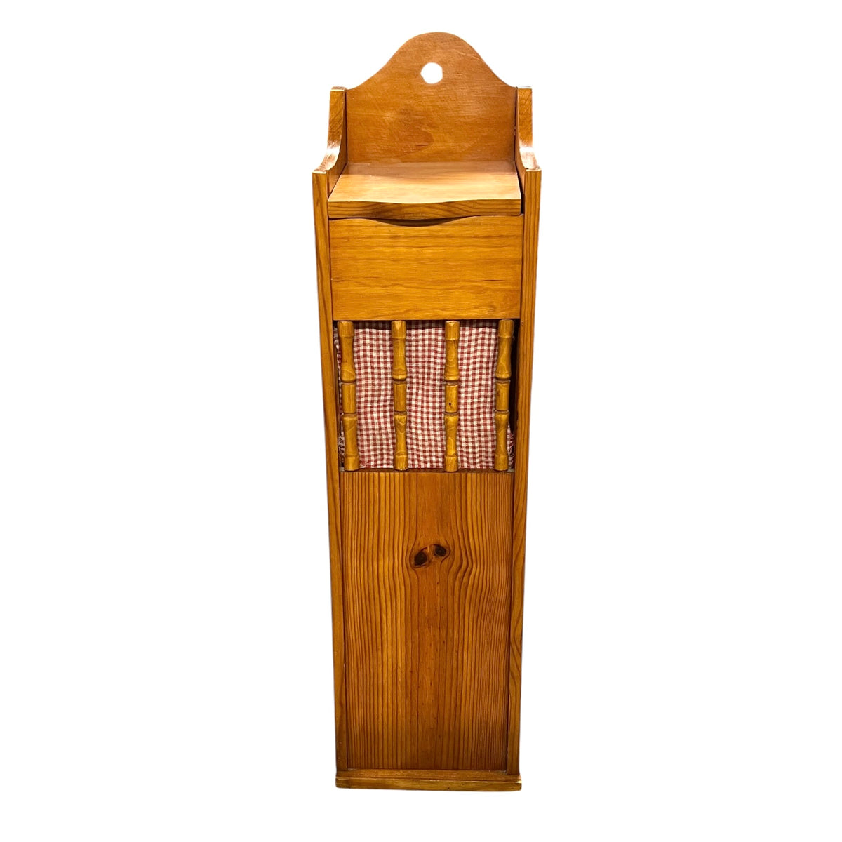 A vintage wooden bread baguette box with a warm honey-toned finish, featuring a top handle, a small drawer, and red-and-white gingham fabric panels on the front.