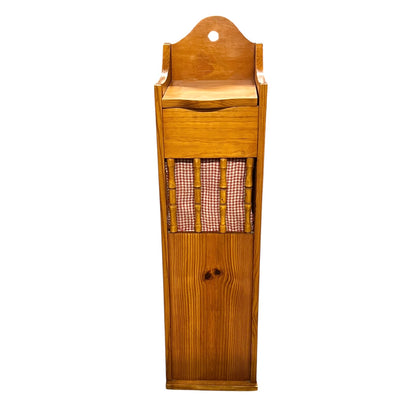 A vintage wooden bread baguette box with a warm honey-toned finish, featuring a top handle, a small drawer, and red-and-white gingham fabric panels on the front.