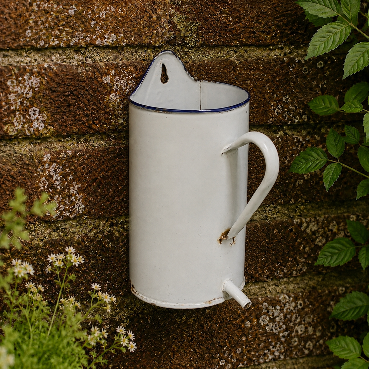 A vintage white enamel garden planter with a blue rim, mounted on a rustic brick wall with green foliage.