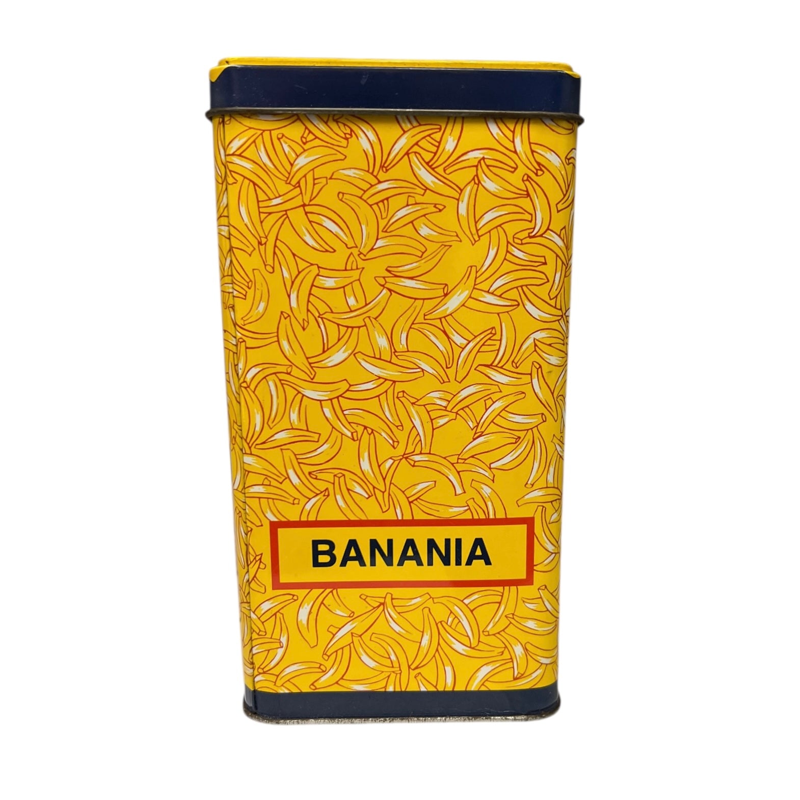 Yellow container with banana pattern and 'BANANIA' label on a white background