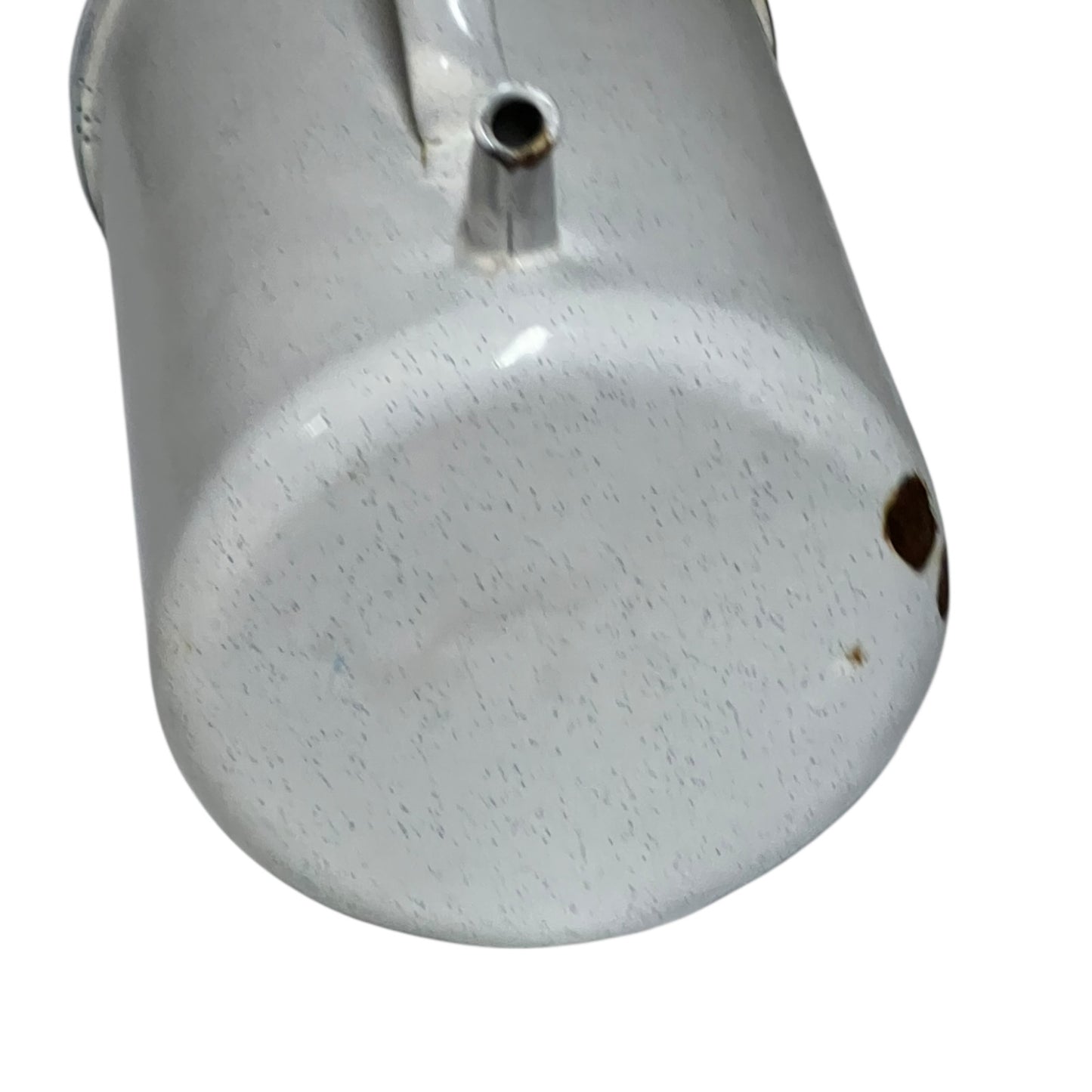 Close-up of a enamel planter with speckled pattern on a white background