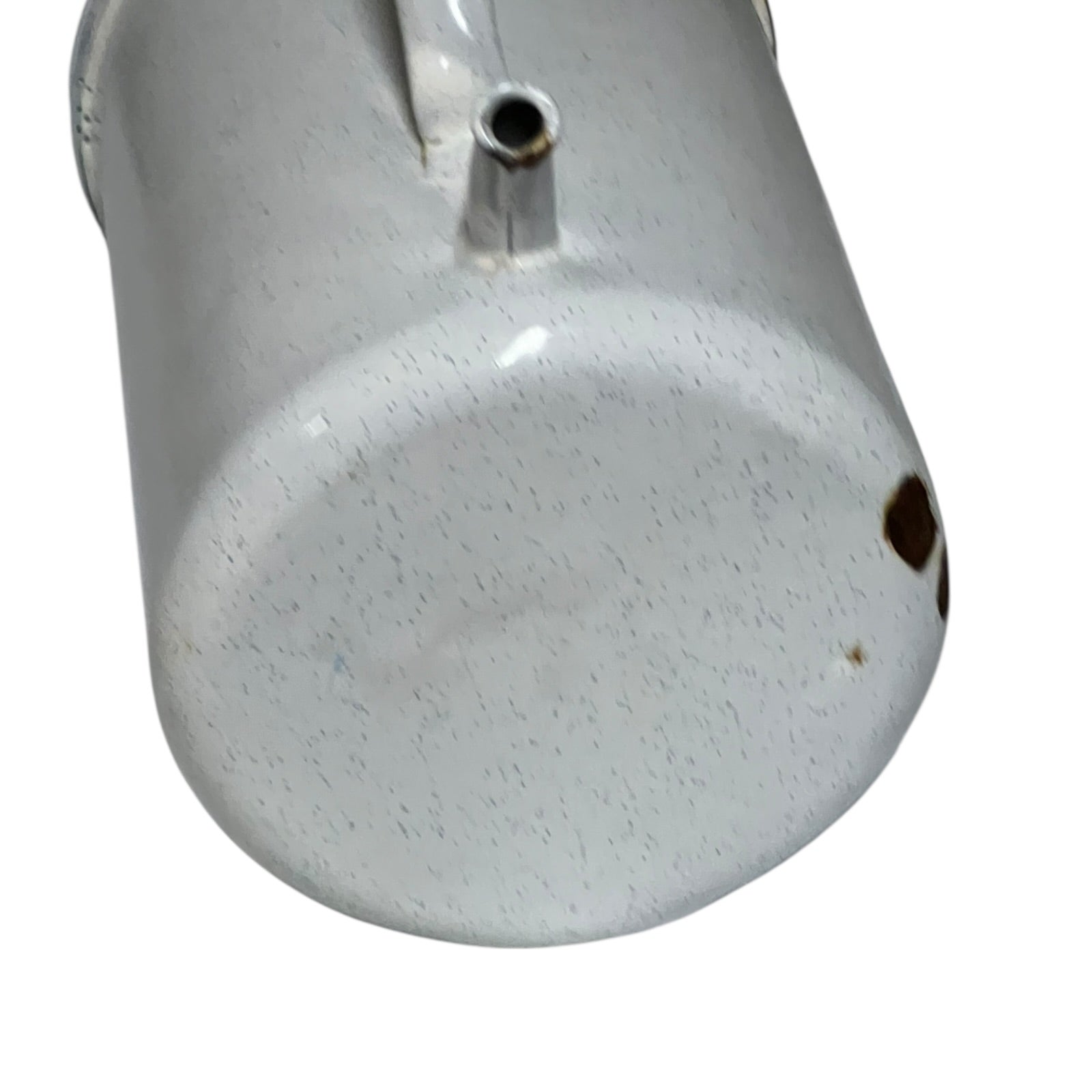 Close-up of a enamel planter with speckled pattern on a white background