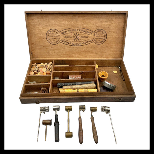 French vintage reloading collection in  original wooden box with makers marks for sale by All Things French Store