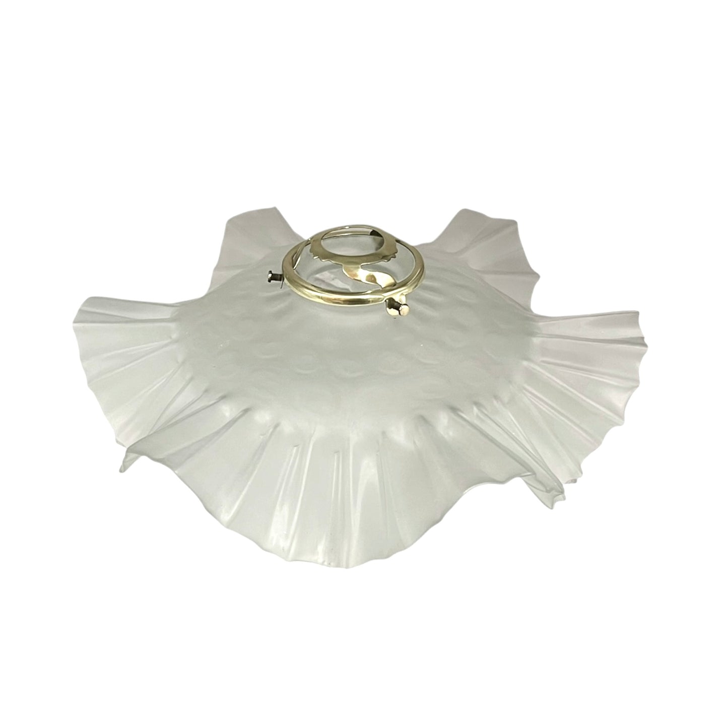 French vintage frosted glass lampshade with a frilled scalloped style edge and a brass collar on a white background