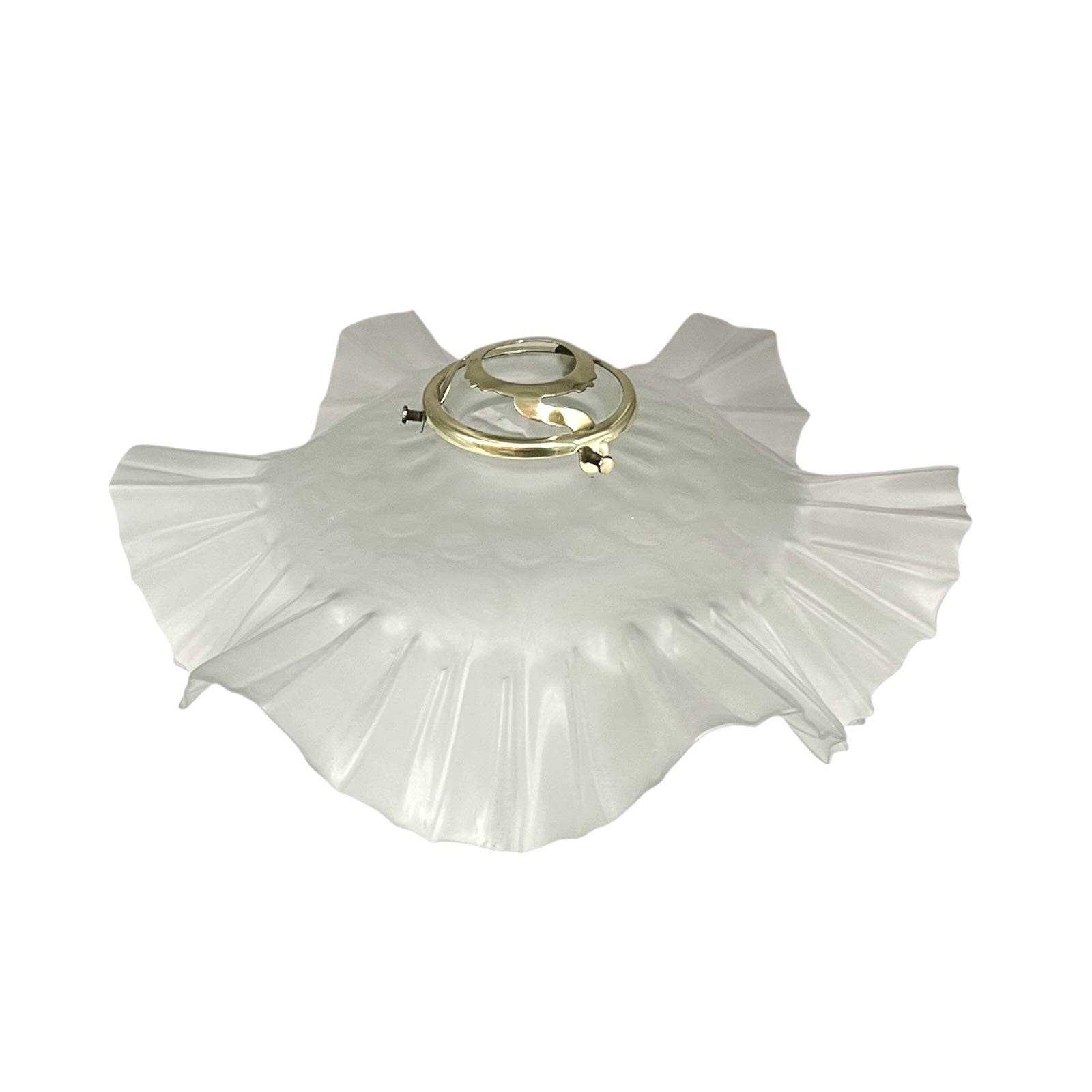 French vintage frosted glass lampshade with a frilled scalloped style edge and a brass collar on a white background
