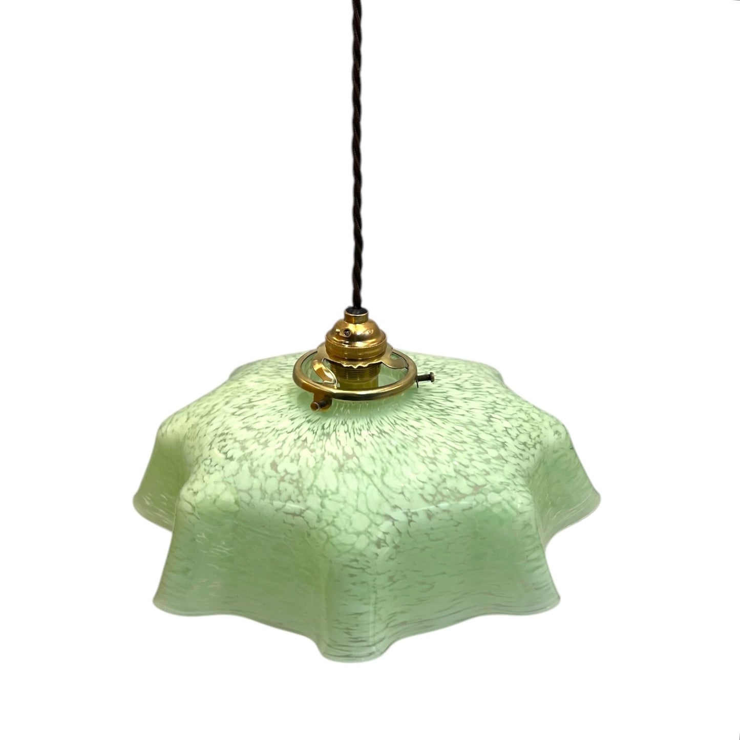 Vintage French Pendant Light, Green Mottled Milk Glass Hanging Lampshade 