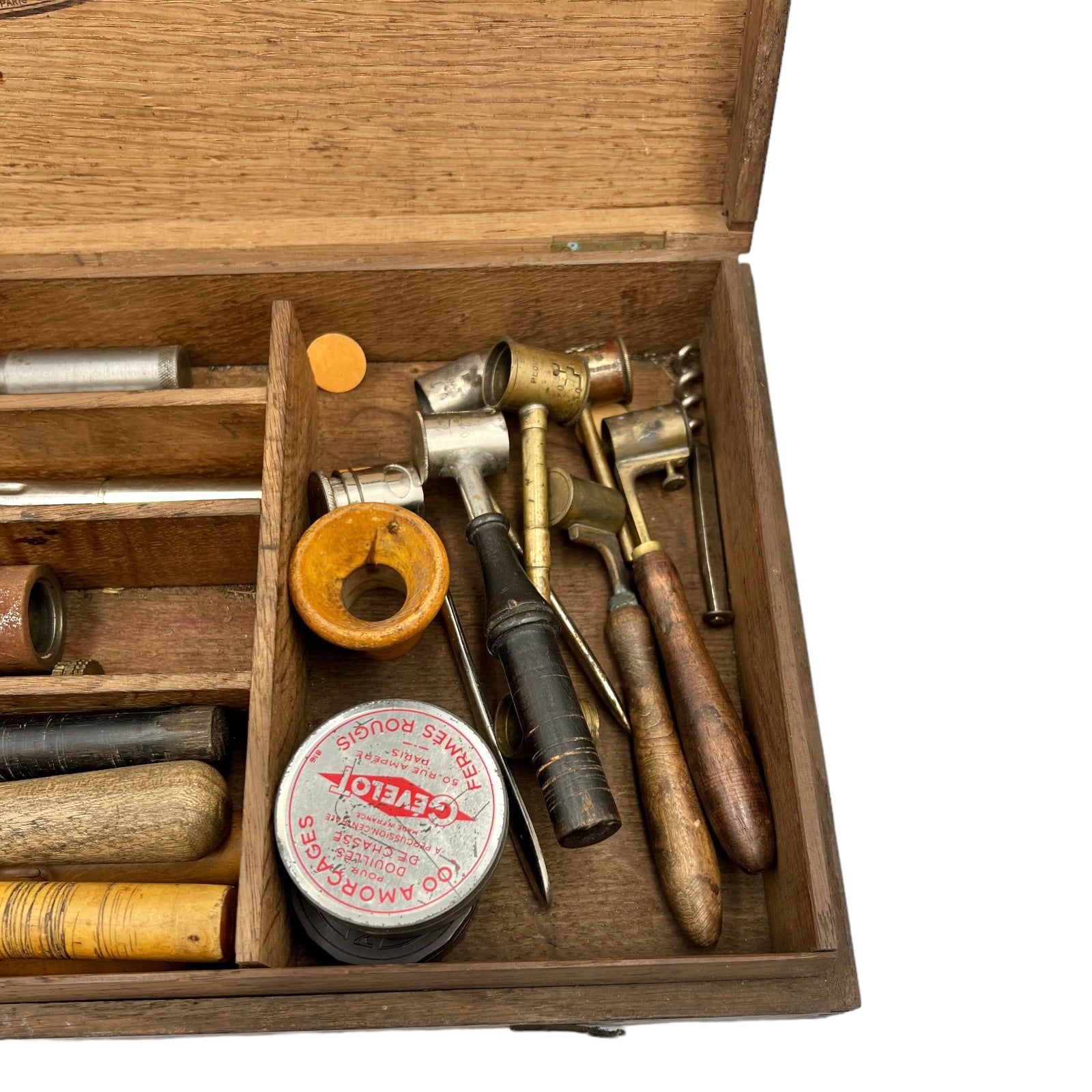 French vintage reloading collection in  original wooden box with makers marks