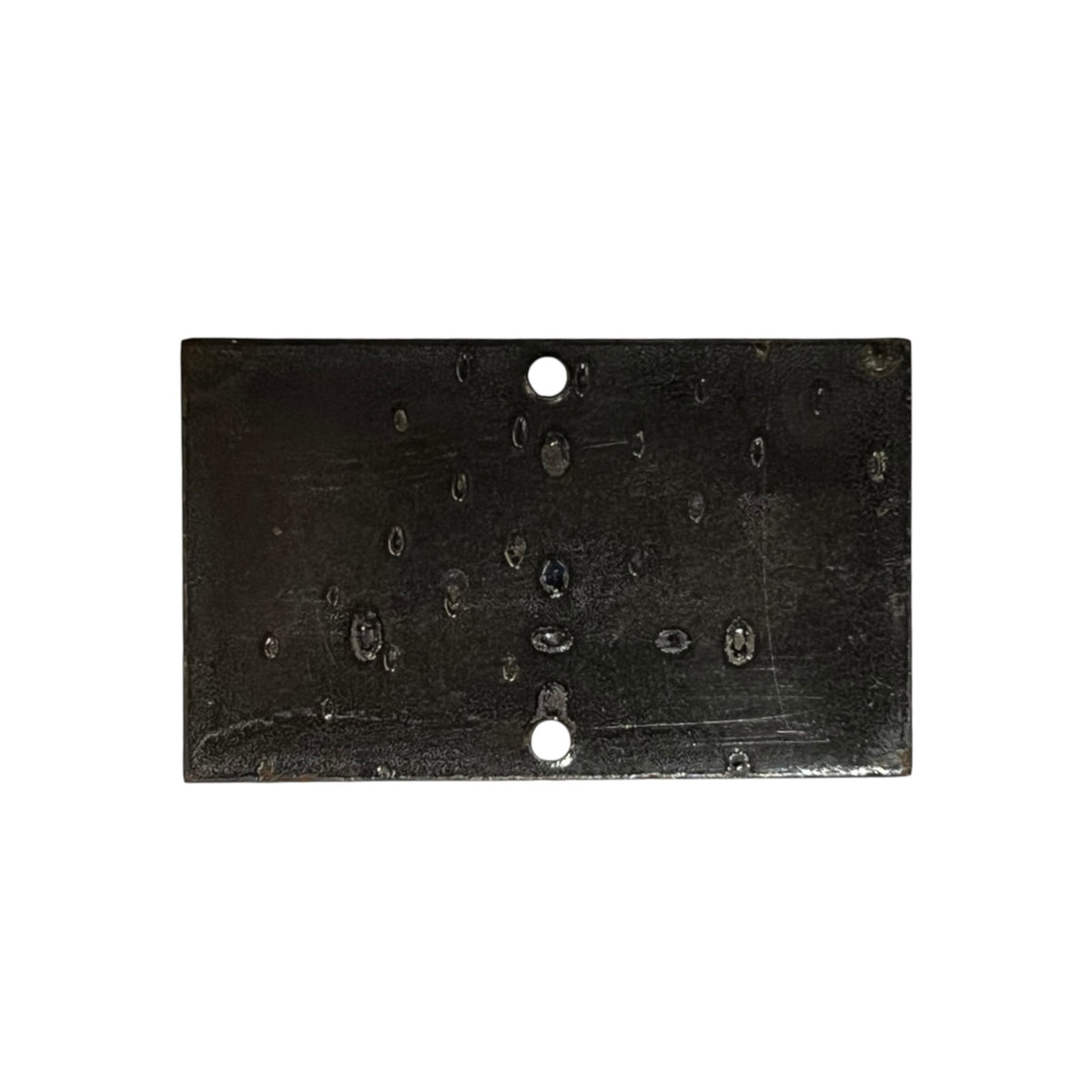 A rectangular black metal plate with a textured, hammered finish and two pre-drilled holes, shown against a plain white background.
