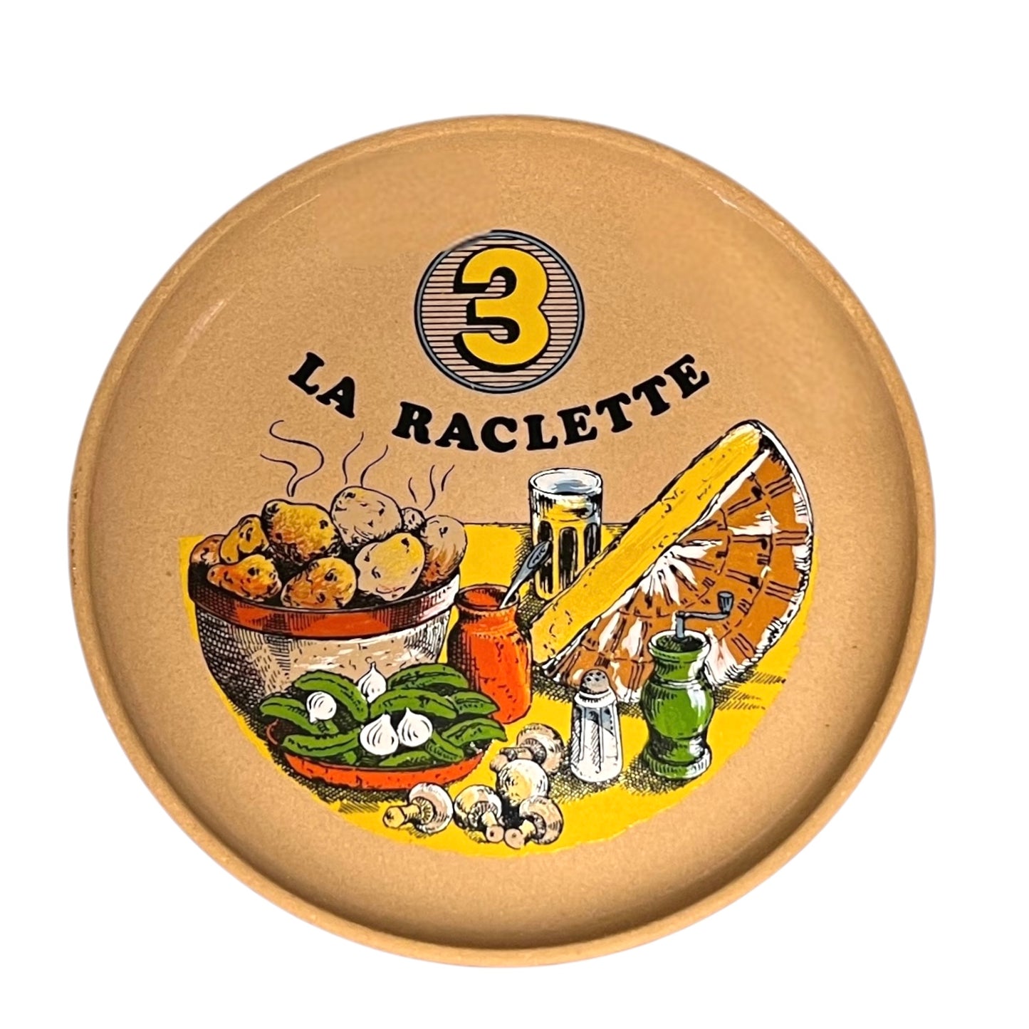 Plate with 'La Raclette' branding, the number 3 and illustrations on a white background