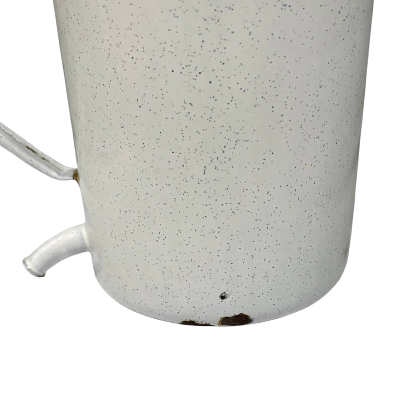 Close-up of a enamel planter with speckled pattern on a white background