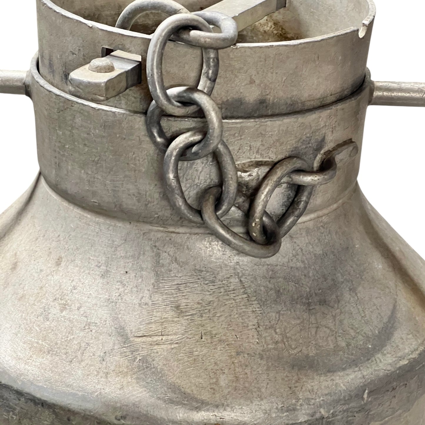 Metal French milk churn with a chain detail on a white background