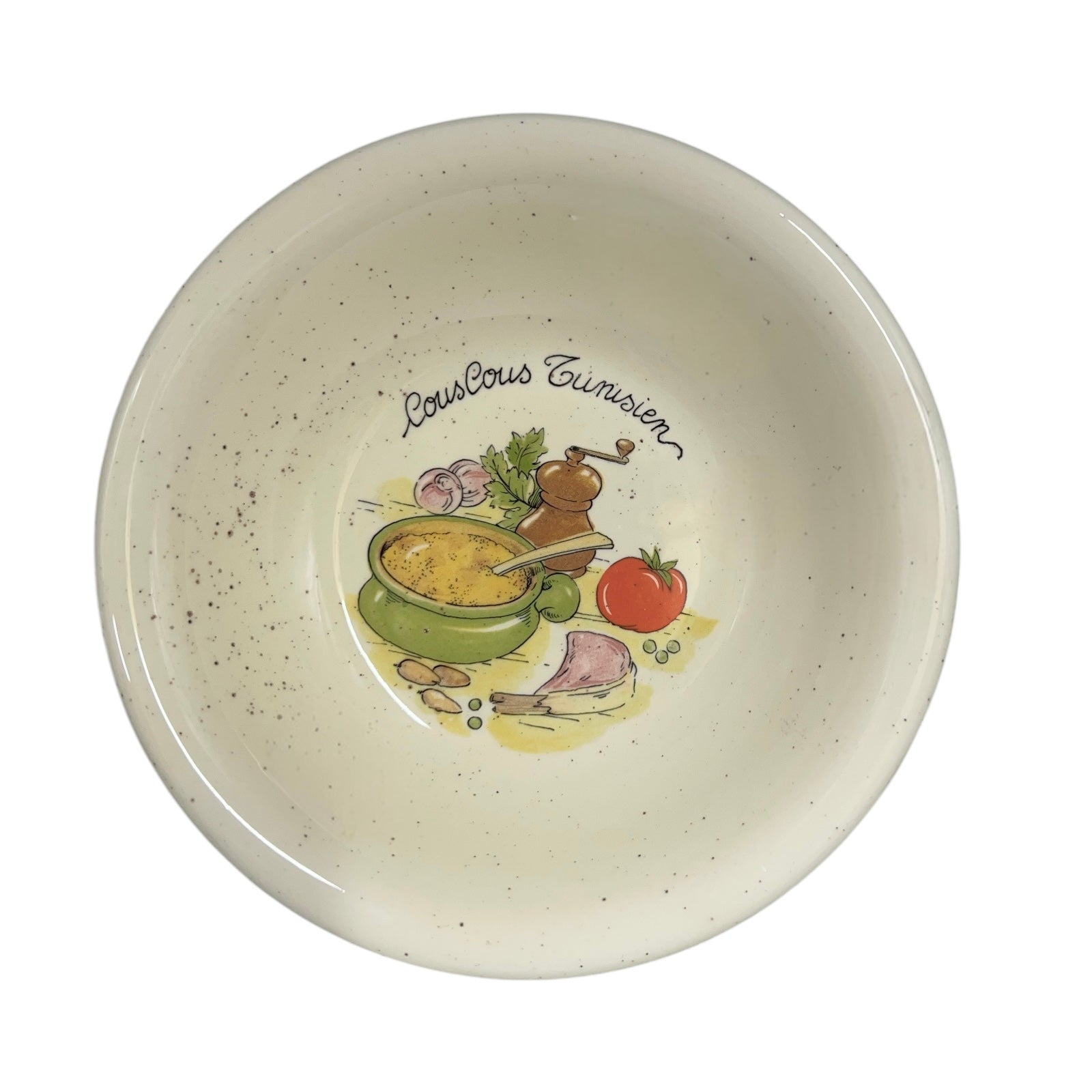 Ceramic bowl with 'Couscous Tunisien' design on a white background