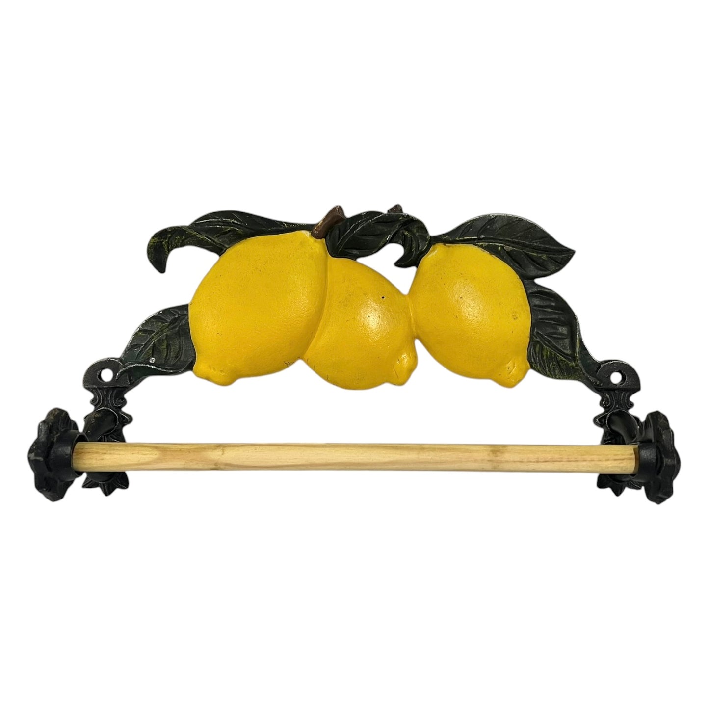 Decorative paper towel holder with lemons and leaves on a white background