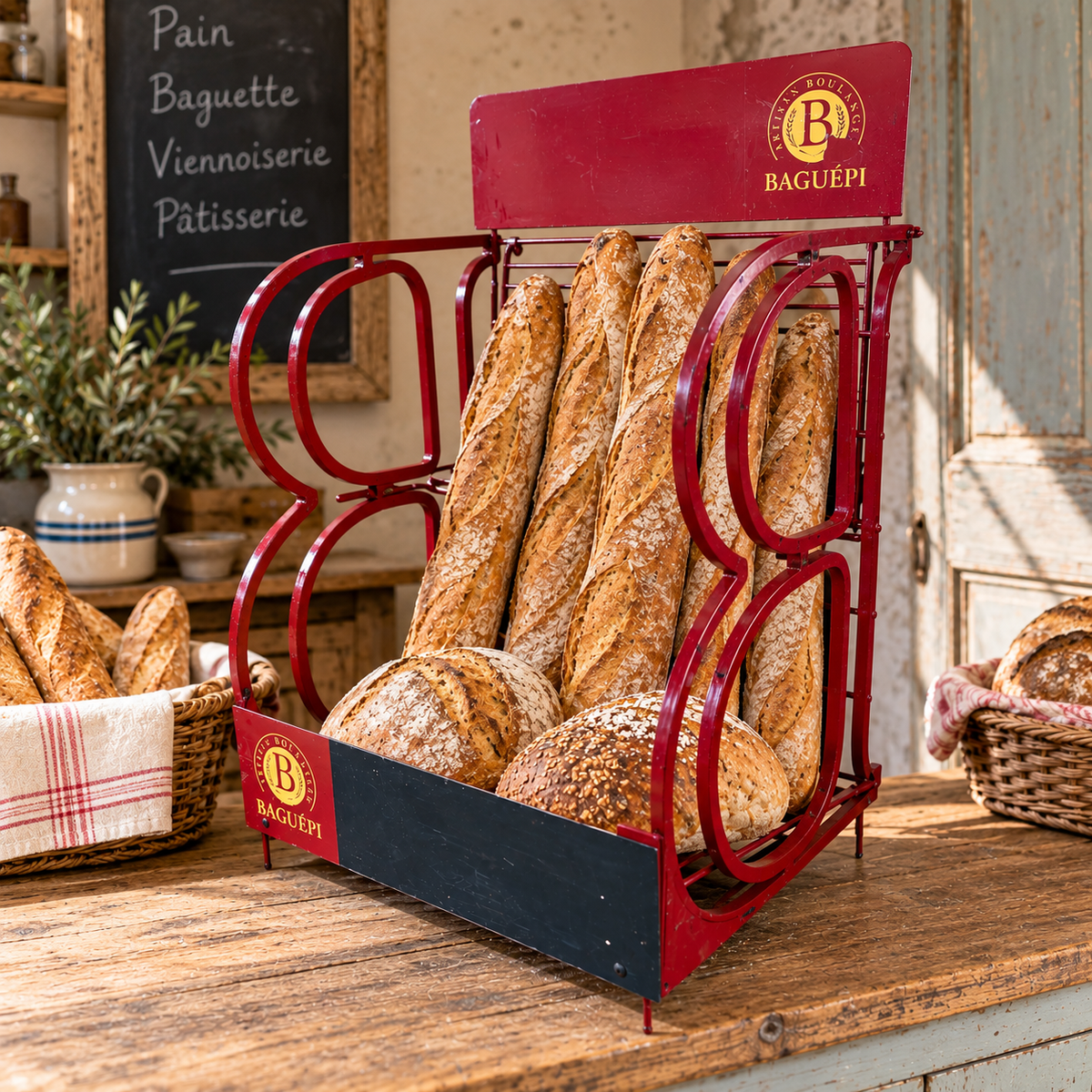 A red and black BAGUEPI bread rack filled with assorted baguettes and round loaves, displayed on a rustic wooden counter in a bakery setting.