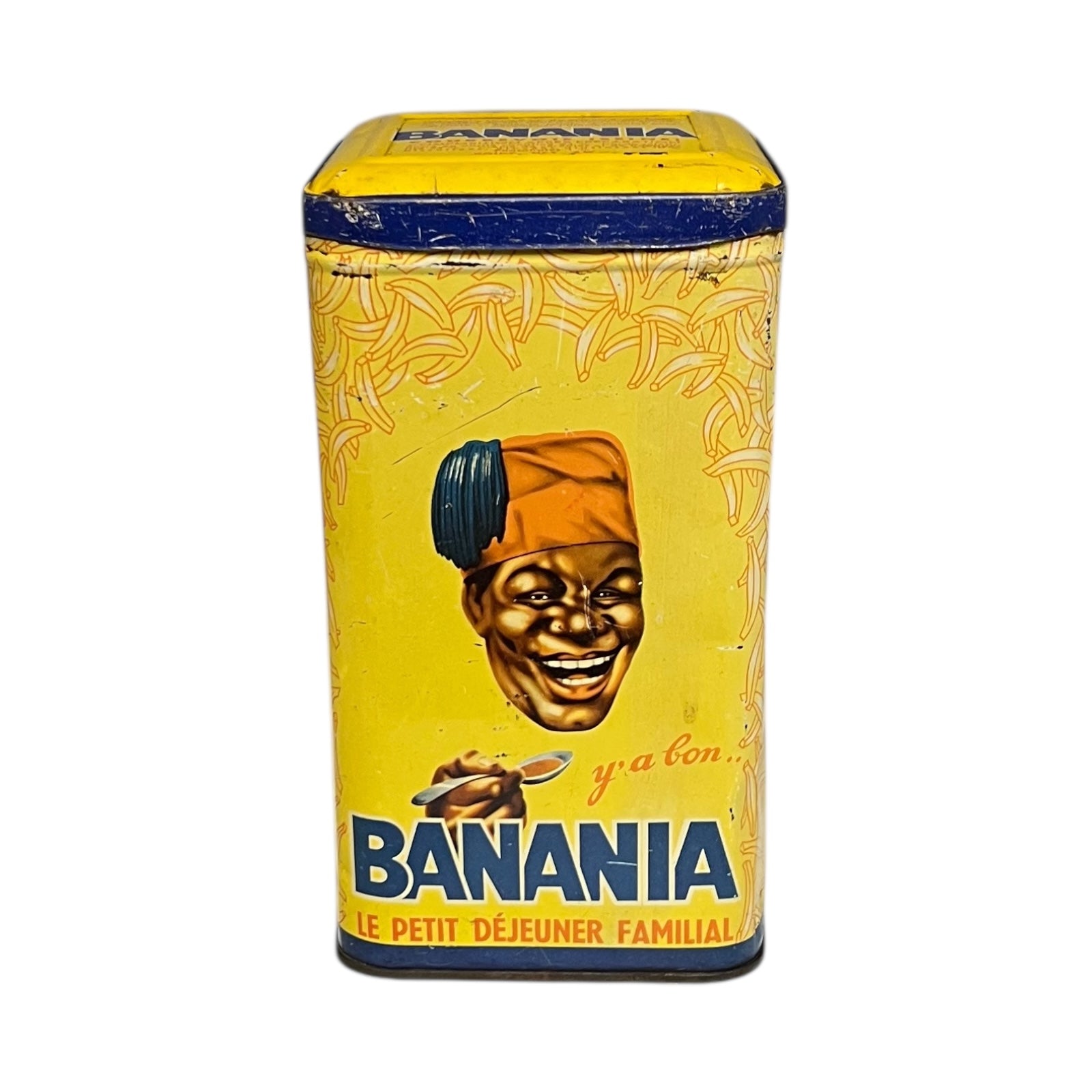 Vintage 'Banania' cereal box with a smiling face and banana on a yellow background