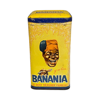 Vintage 'Banania' cereal box with a smiling face and banana on a yellow background