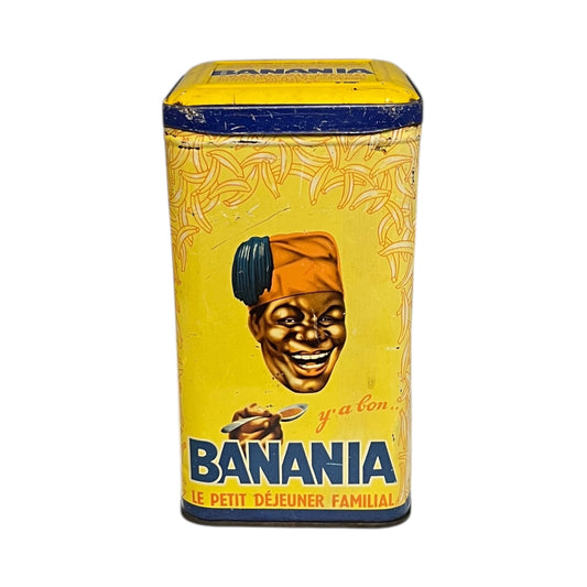 Vintage 'Banania' cereal box with a smiling face and banana on a yellow background
