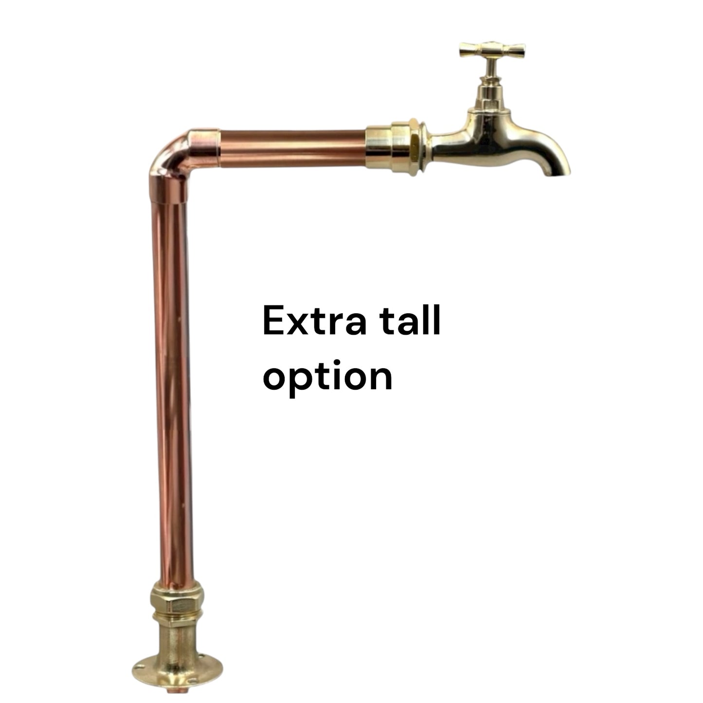 Copper and brass tap faucet with an extra tall option label on a white background