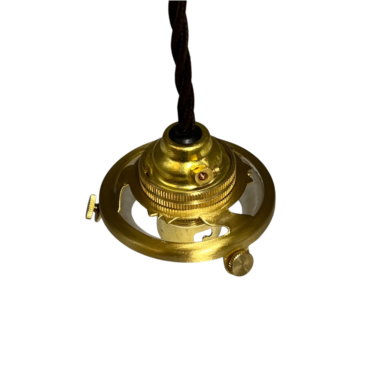 A vintage brass ceiling light fixture base with a black twisted cord, shown against a plain white background.