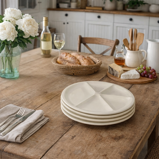 Stack of geometric-patterned plates on a wooden table with bread, wine, and flowers.