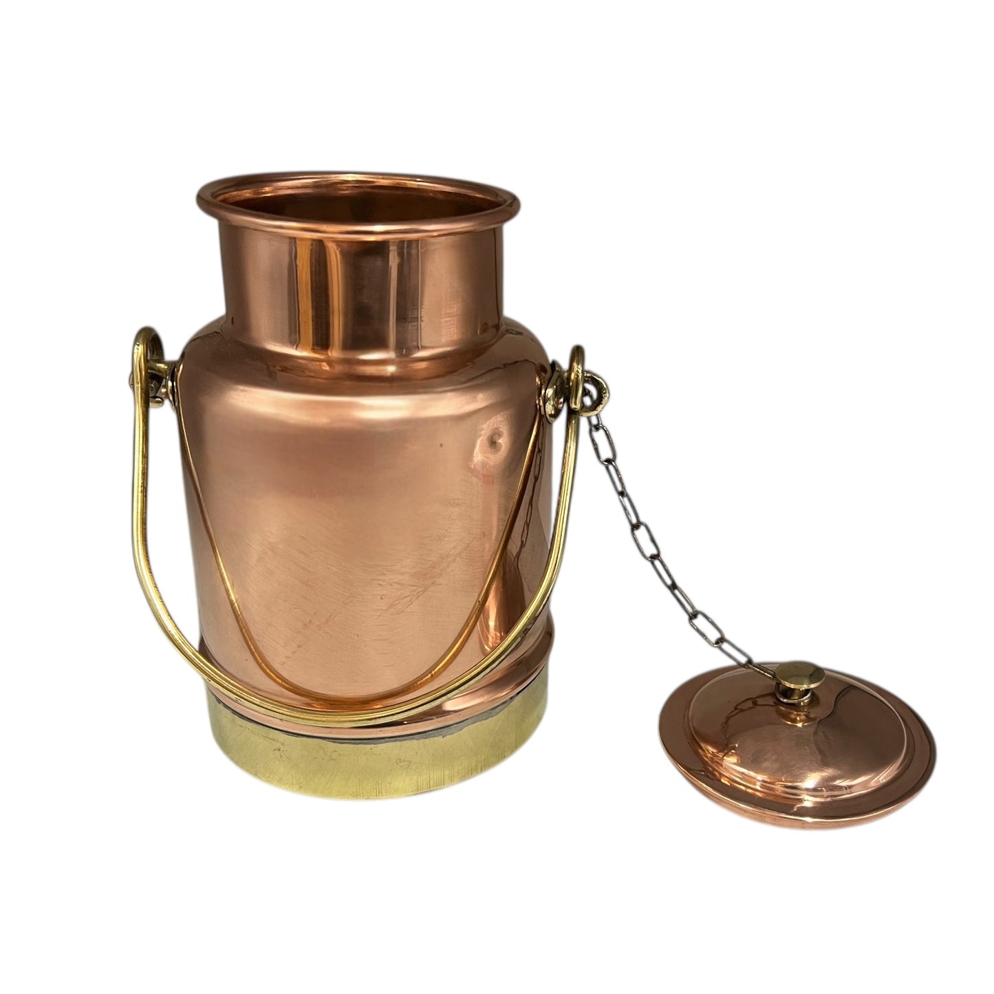 Vintage Copper & Brass Milk Cream Churn, Small 1.9L French Copper Canister with brass handle and lid on a chain for sale from All Things French Store
