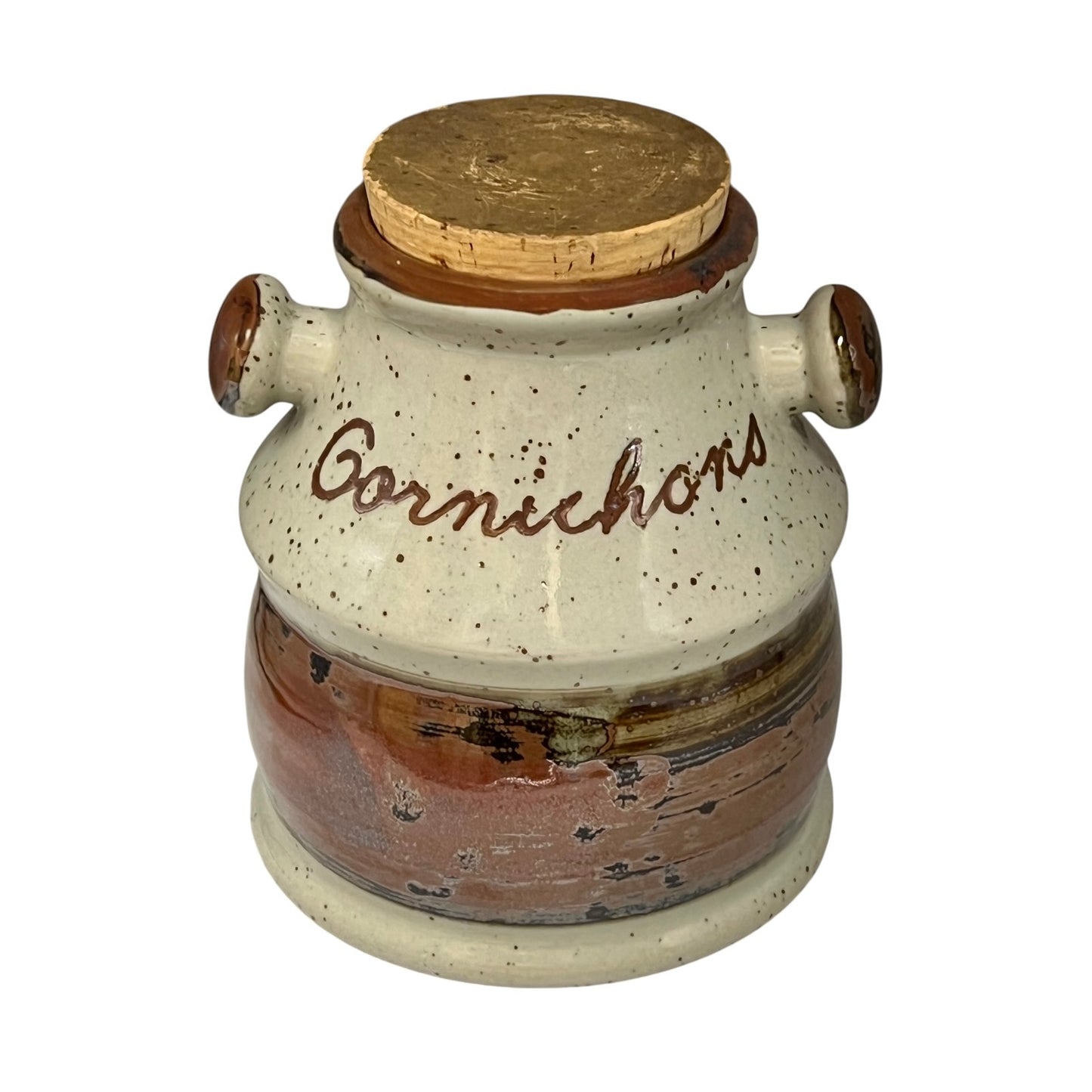 Vintage French cornichon pickle jar with cork lid on a white background