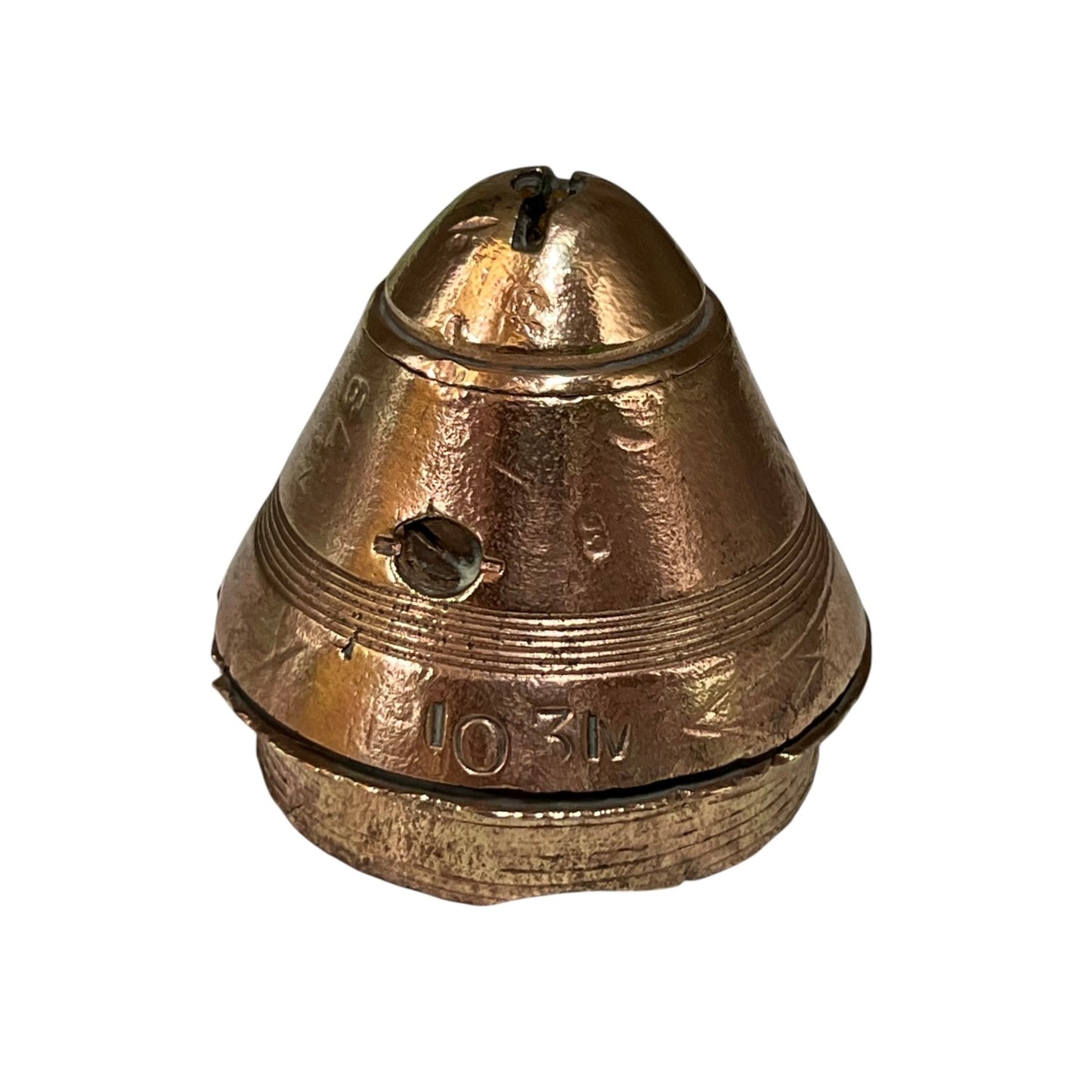 A small solid brass ww1 fuze  with a weathered brass finish, featuring a top loop, a side hole, and stamped numbers '1031' on the lower section, isolated on a white background.
