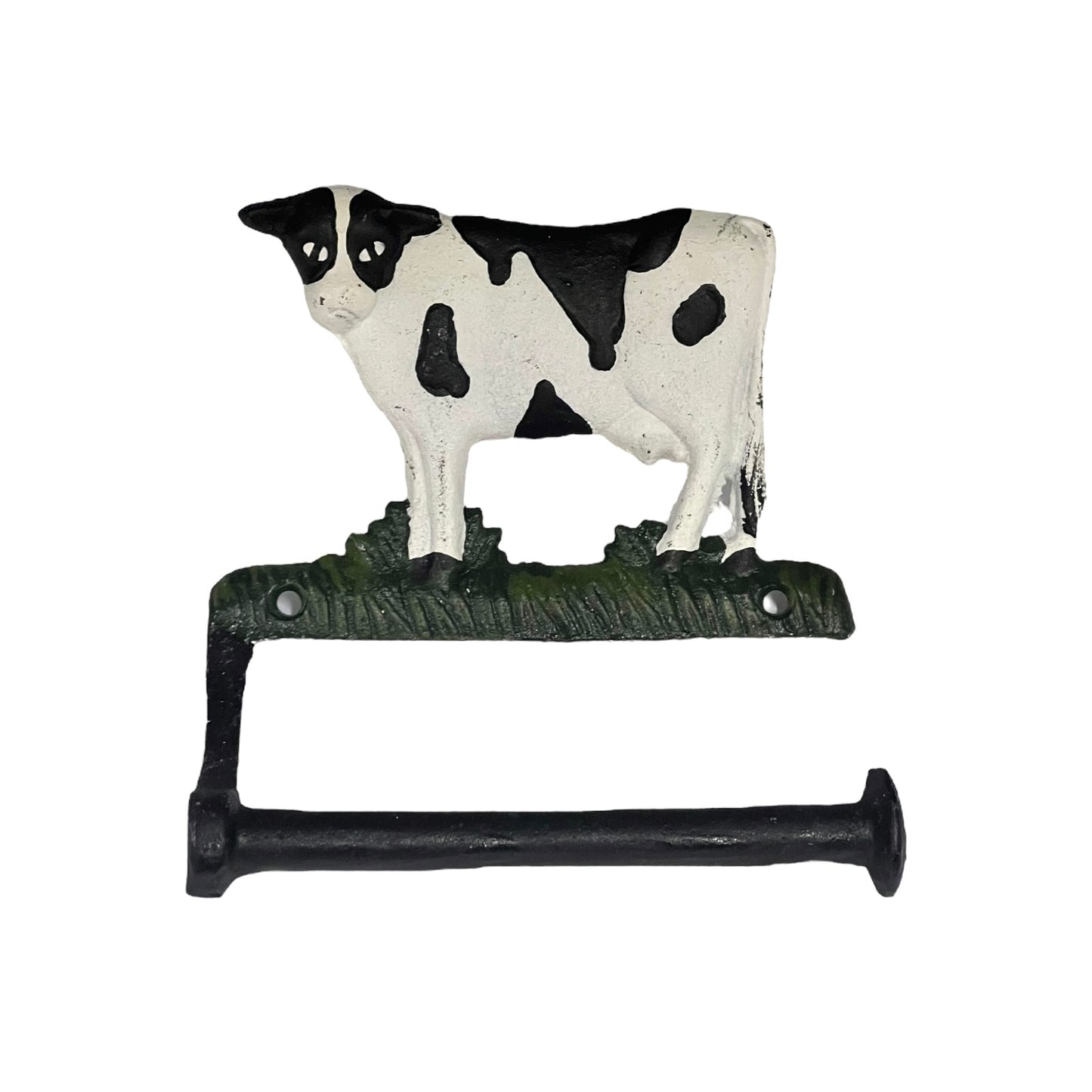 Cow-shaped wall-mounted toilet paper holder on a white background