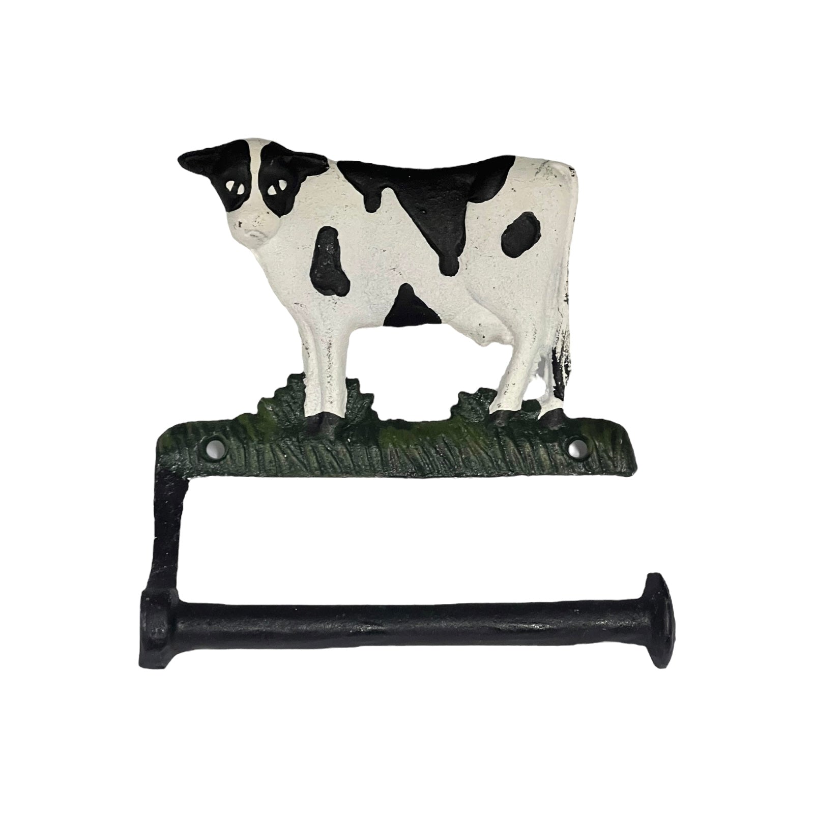 Cow-shaped wall-mounted toilet paper holder on a white background