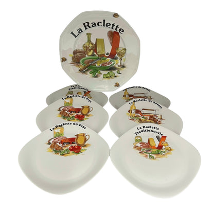 6 French La Raclette Plates & larger serving Platter decorated with a cheese recipe