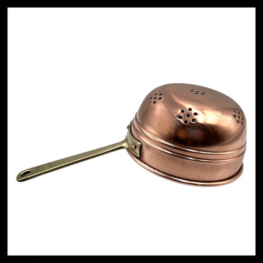 Small French copper colander with a brass handle for sale from All Things French Store