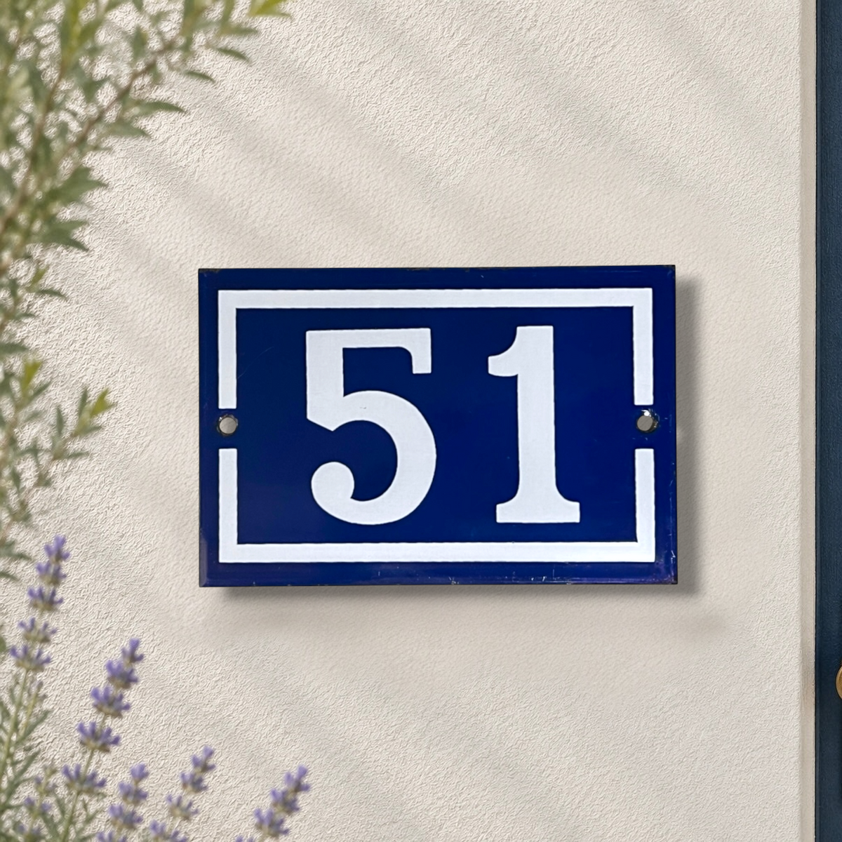 French blue and white door number 51 