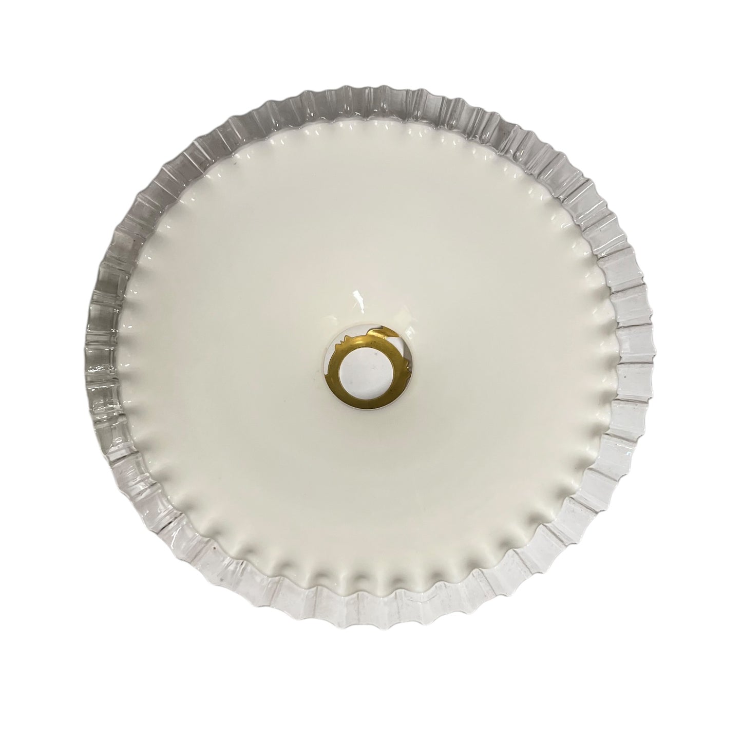 Vintage French Opaline Milk Glass Pendant Pie Crust Lampshade with Brass Collar