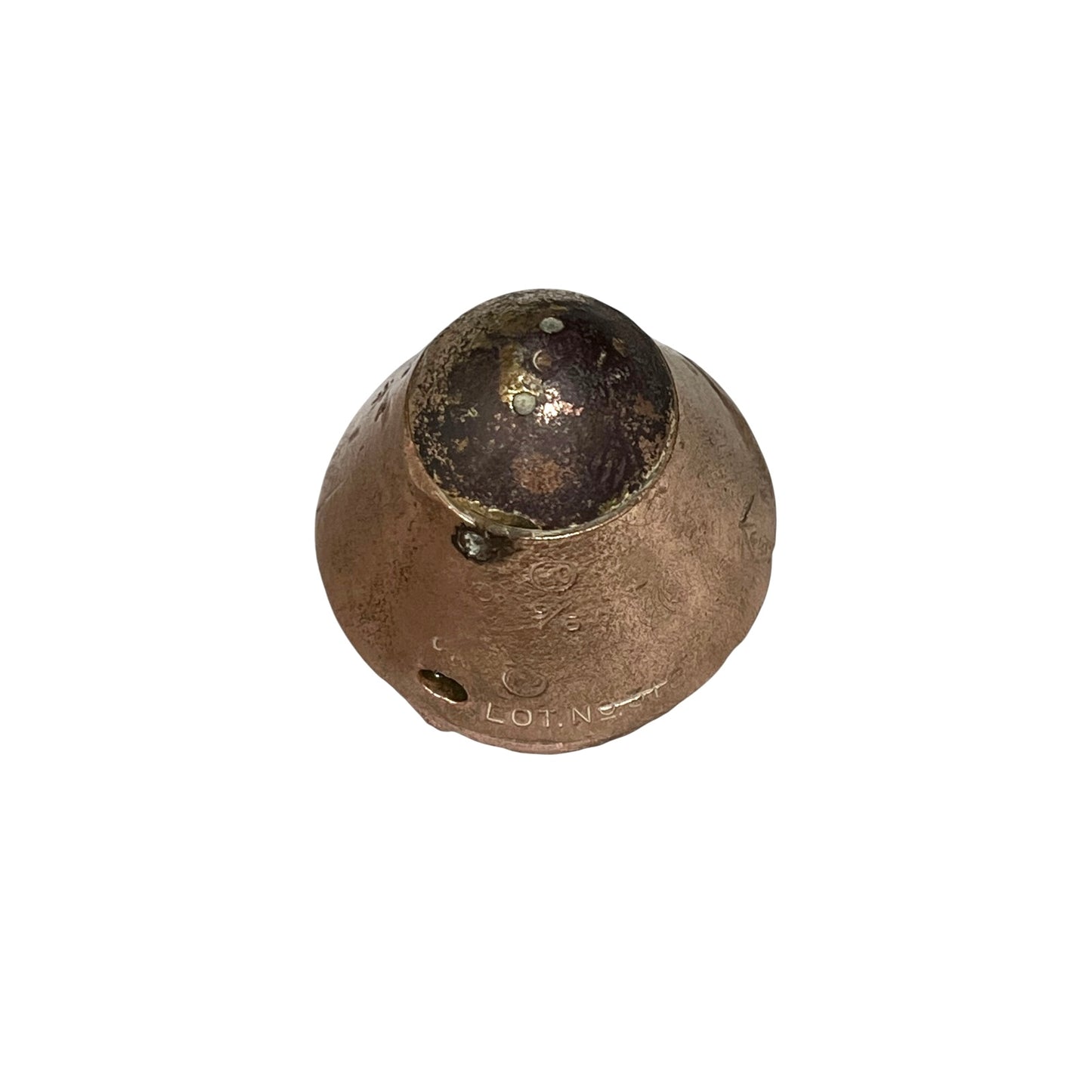 A single vintage ww1 fuse paperweight with a textured bronze finish and a dark patinated top, shown on a plain white background.