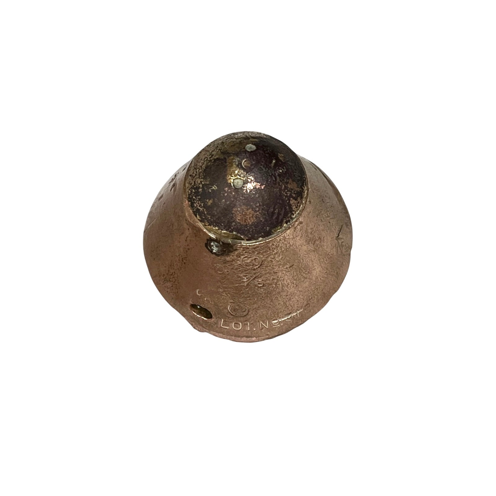 A single vintage ww1 fuse paperweight with a textured bronze finish and a dark patinated top, shown on a plain white background.