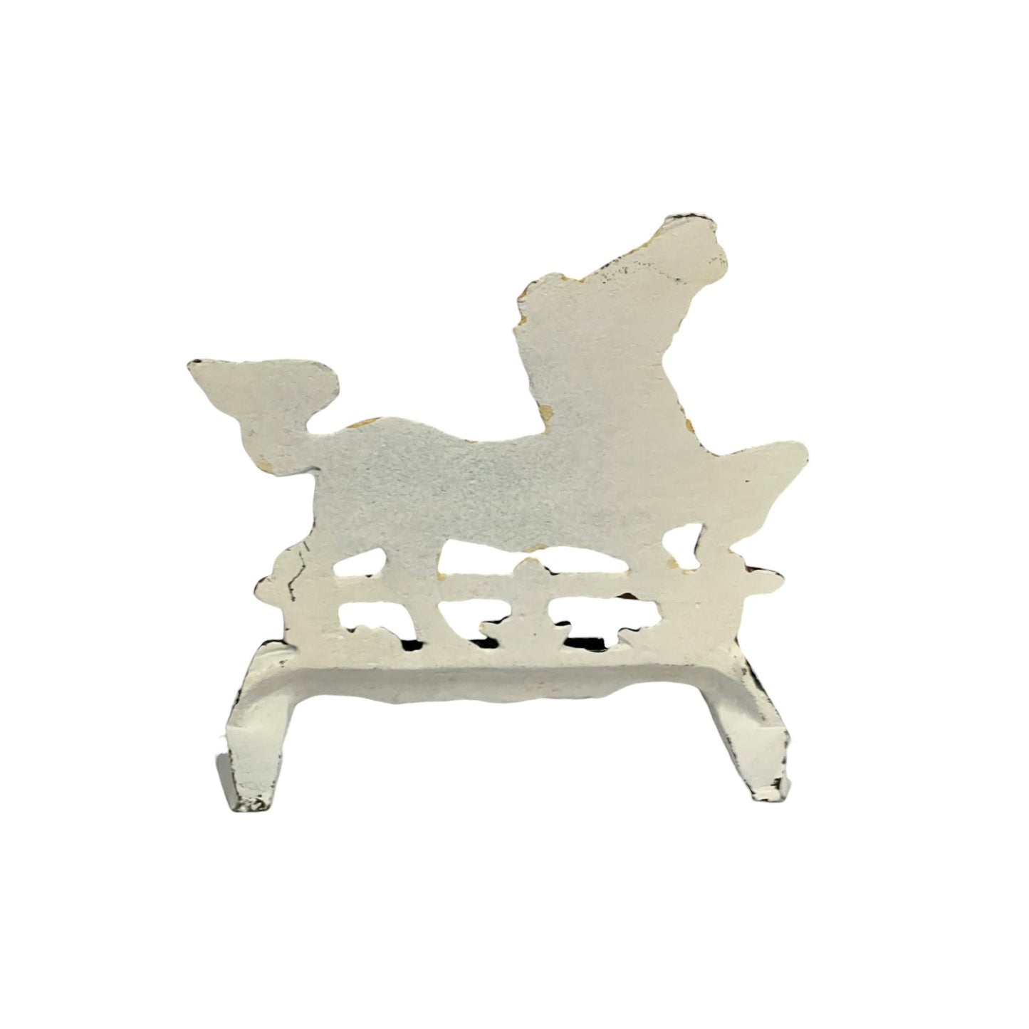 A distressed white metal decorative stand shaped like a poodle, shown against a plain white background.