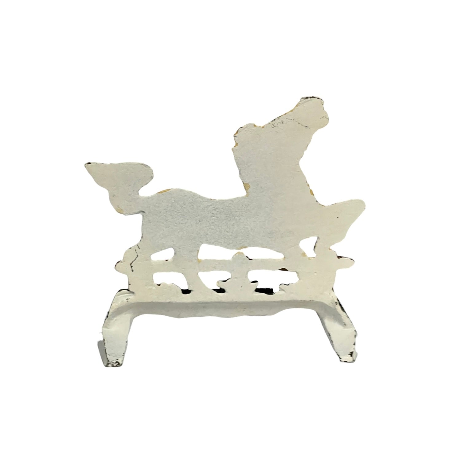 A distressed white metal decorative stand shaped like a poodle, shown against a plain white background.