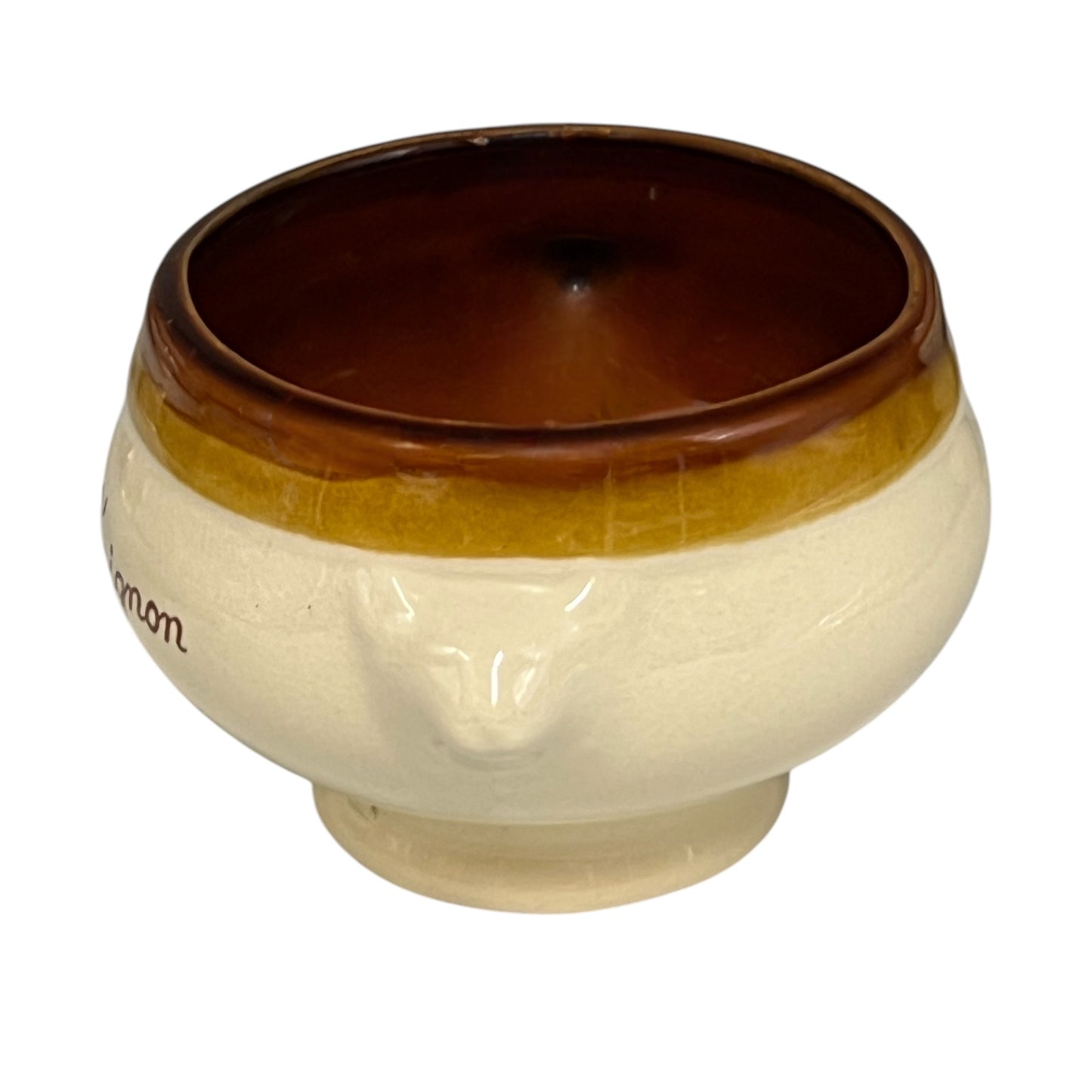 side view of onion soup bowl