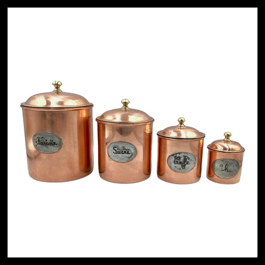 Set of 4 copper kitchen canisters caddies for sale from All Things French Store