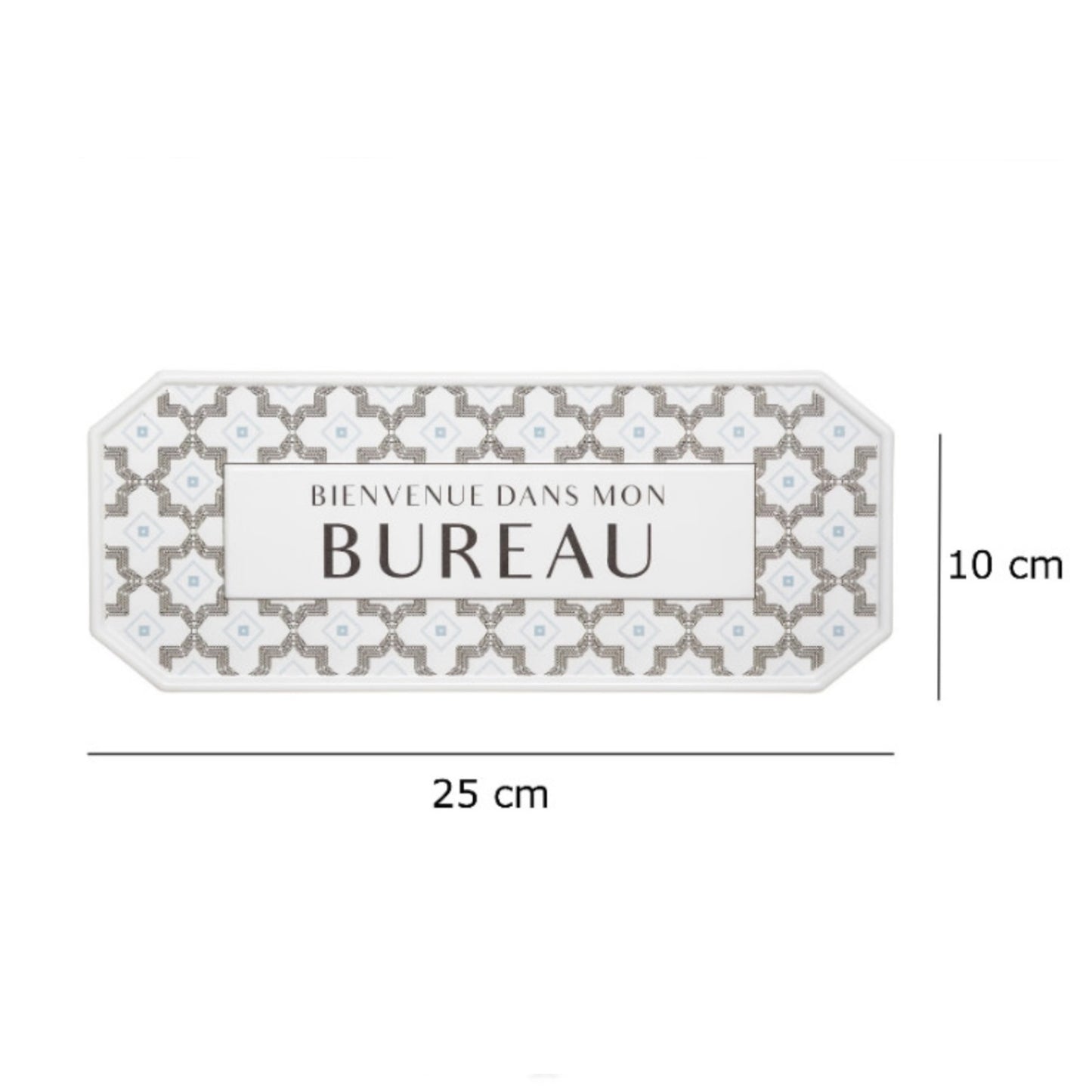 Decorative sign with floral pattern and text 'BIENVENUE DANS MON BUREAU' on a white background