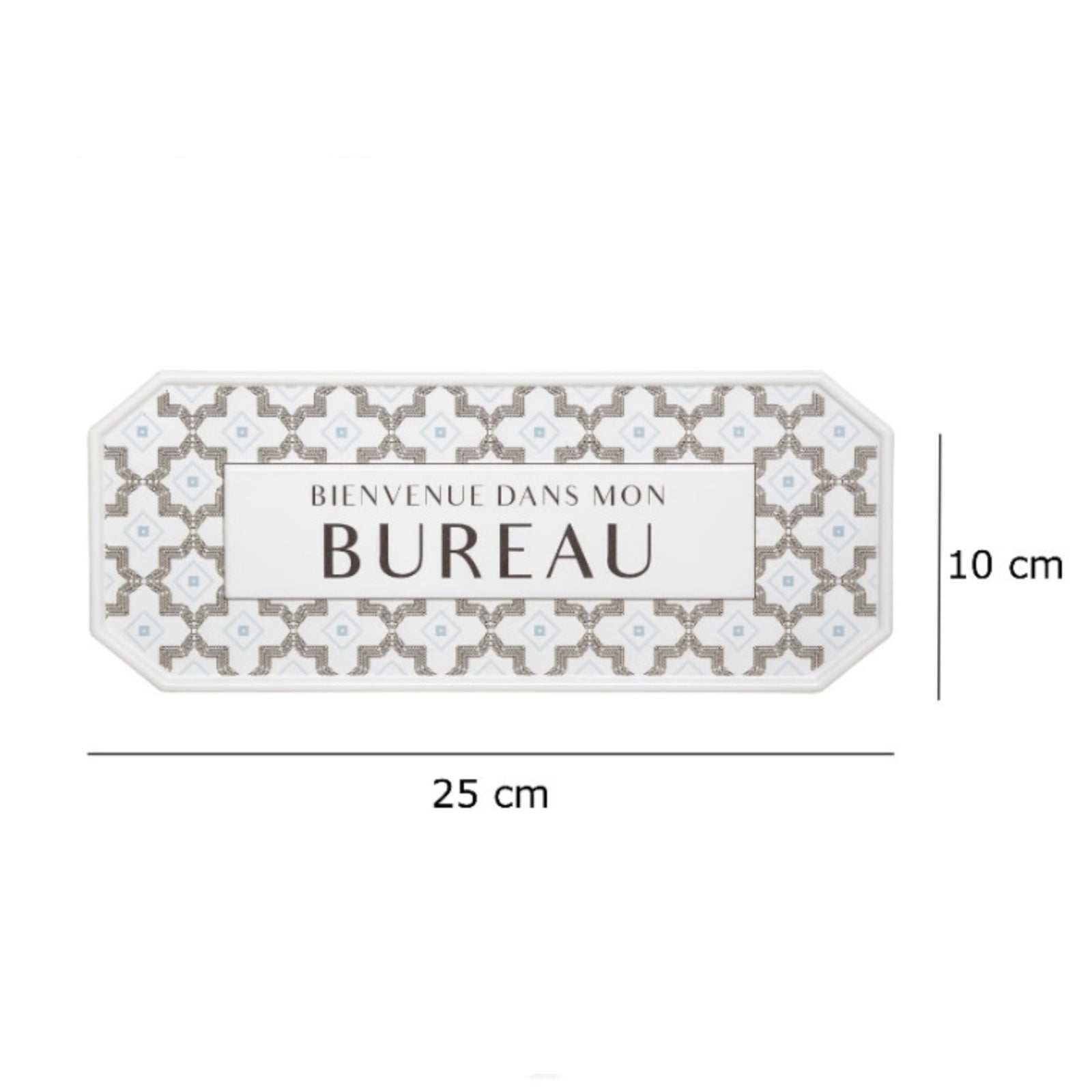 Decorative sign with floral pattern and text 'BIENVENUE DANS MON BUREAU' on a white background