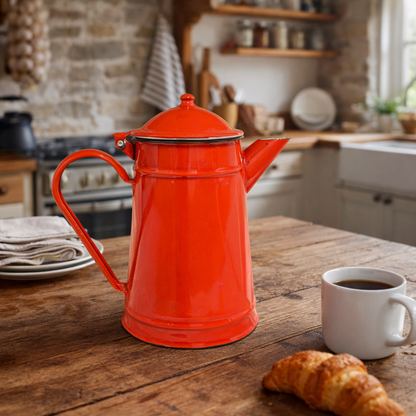 Red enameled coffee pot on a wooden kitchen counter with a cup of coffee and croissant.