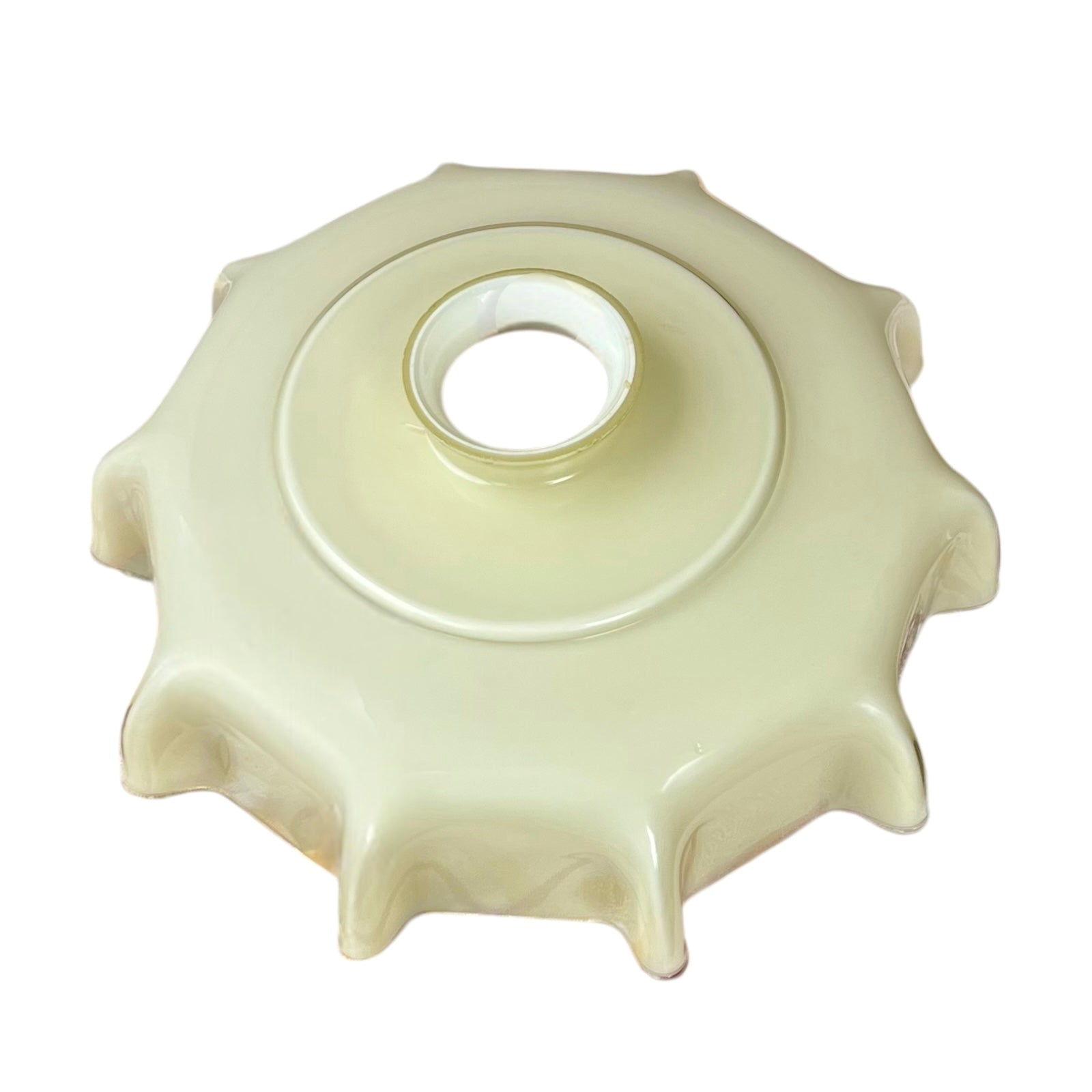 Vintage French milk glass pendant light with scalloped edge shade on a white background