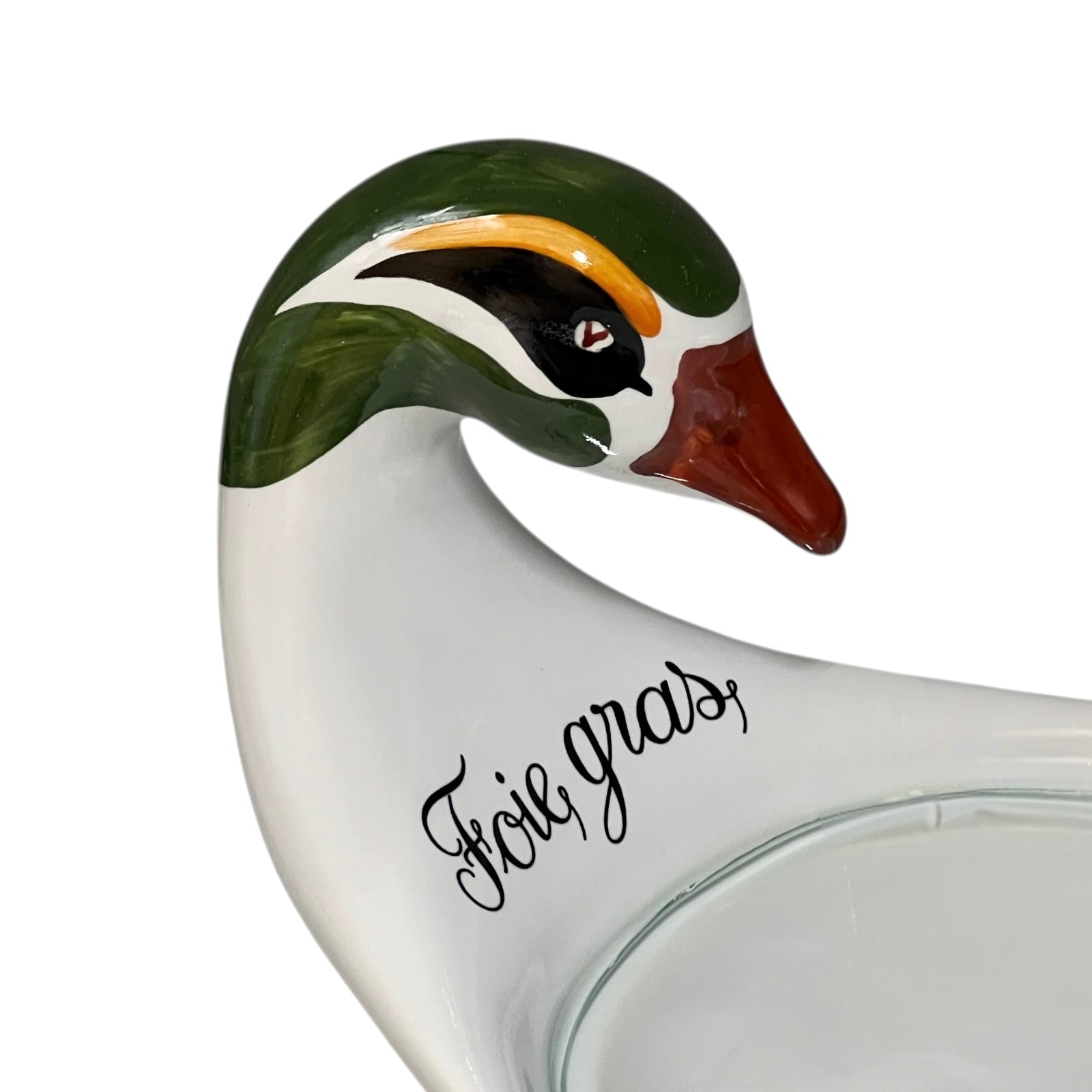 Decorative goose-shaped container with 'Foie gras' text on a white background